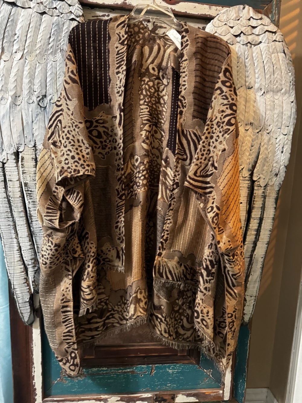Animal Print Open Front Poncho Cardigan in Brown Tones OSFM